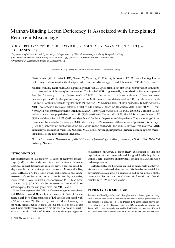 (PDF) MannanBinding Lectin Deficiency is Associated with Unexplained