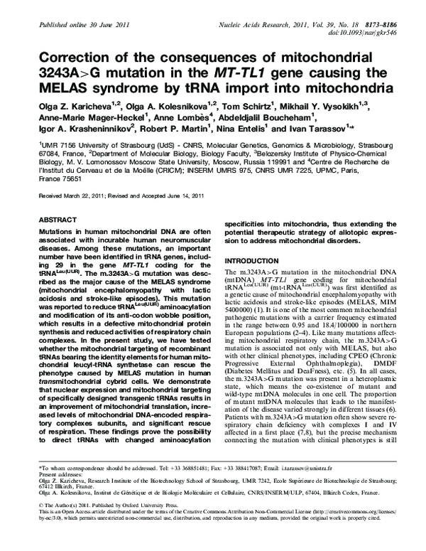 (PDF) Correction of the consequences of mitochondrial 3243A>G mutation ...