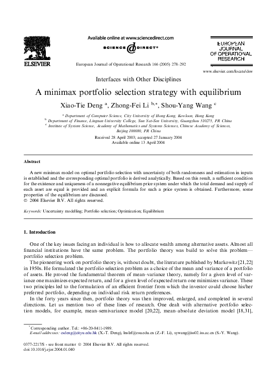 (PDF) A minimax portfolio selection strategy with equilibrium