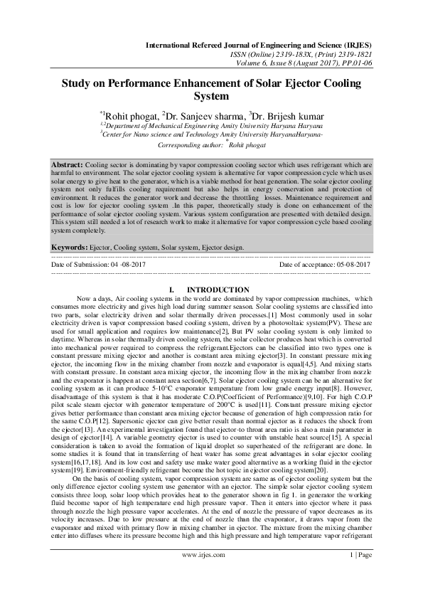 (PDF) Study on Performance Enhancement of Solar Ejector Cooling System
