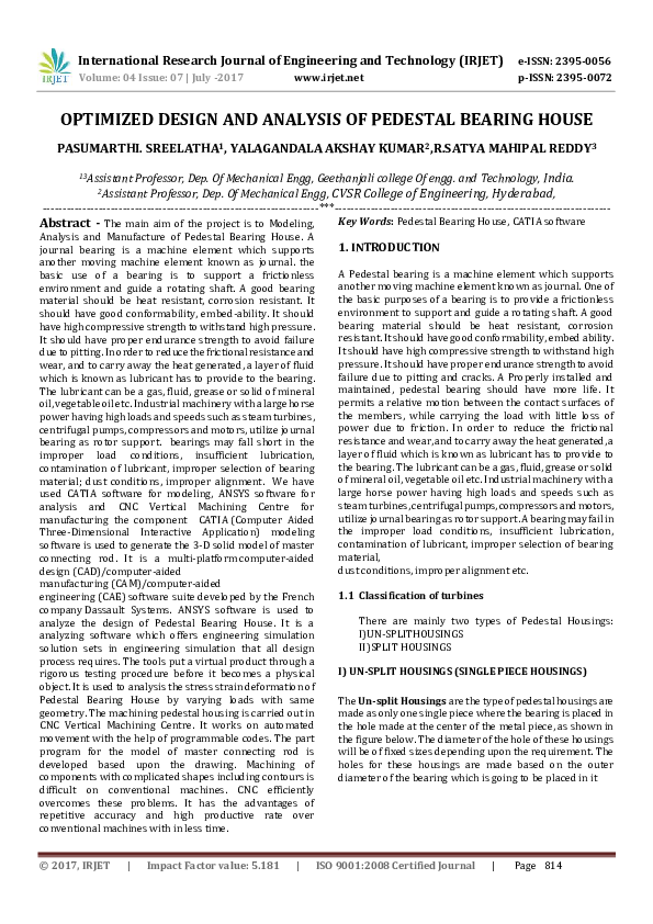 (PDF) OPTIMIZED DESIGN AND ANALYSIS OF PEDESTAL BEARING HOUSE IRJET