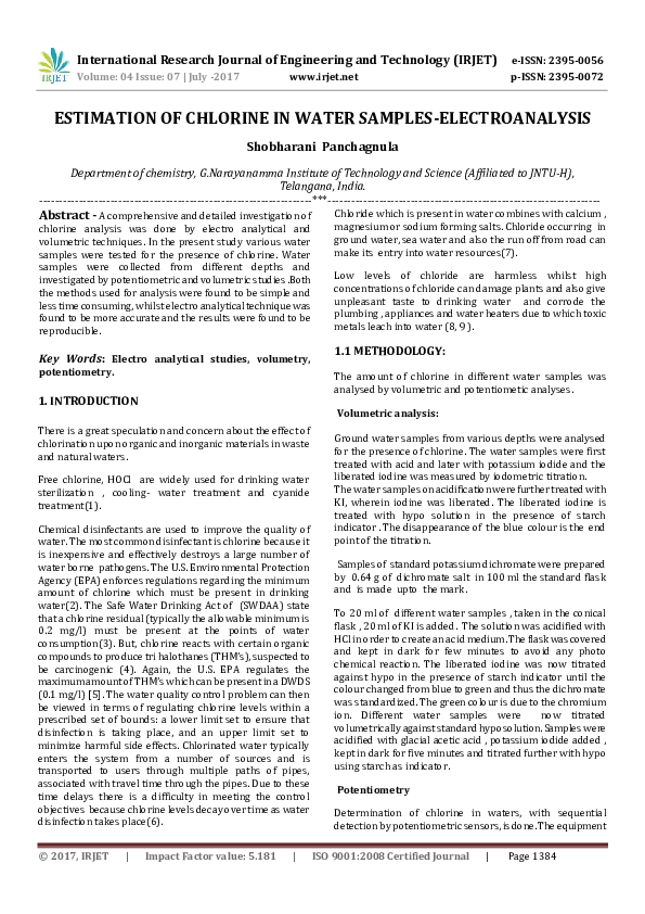 (PDF) ESTIMATION OF CHLORINE IN WATER SAMPLESELECTROANALYSIS IRJET