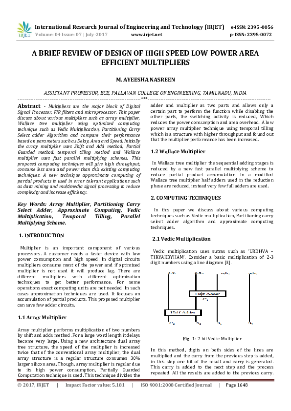 (PDF) A BRIEF REVIEW OF DESIGN OF HIGH SPEED LOW POWER AREA EFFICIENT ...