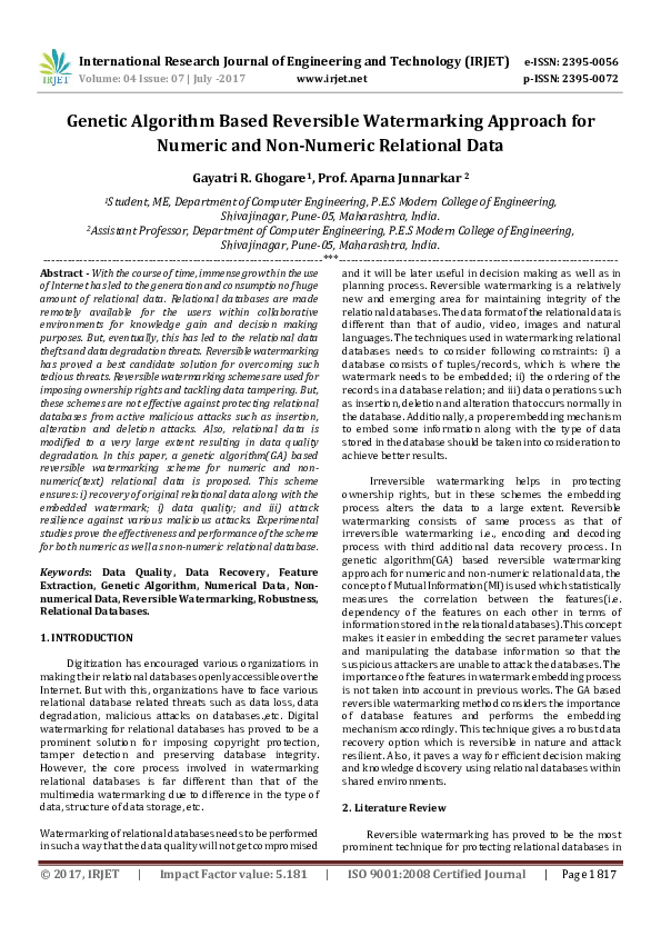(PDF) Genetic Algorithm Based Reversible Watermarking Approach for ...