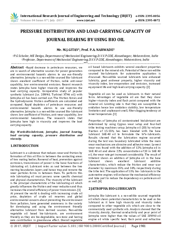 (PDF) PRESSURE DISTRIBUTION AND LOAD CARRYING CAPACITY OF JOURNAL