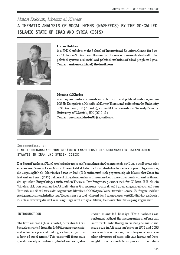 (PDF) A Thematic Analysis of Vocal Hymns (Nasheeds) of the so-called ...