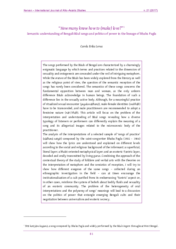 Pdf How Many Know How To Make Love Semantic Understanding Of Bengali Baul Songs And Politics Of Power In The Lineage Of Bhaba Pagla Carola Erika Lorea Academia Edu