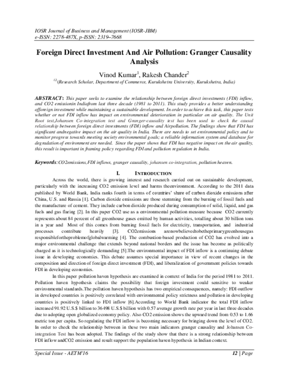 (PDF) Foreign Direct Investment And Air Pollution Granger Causality