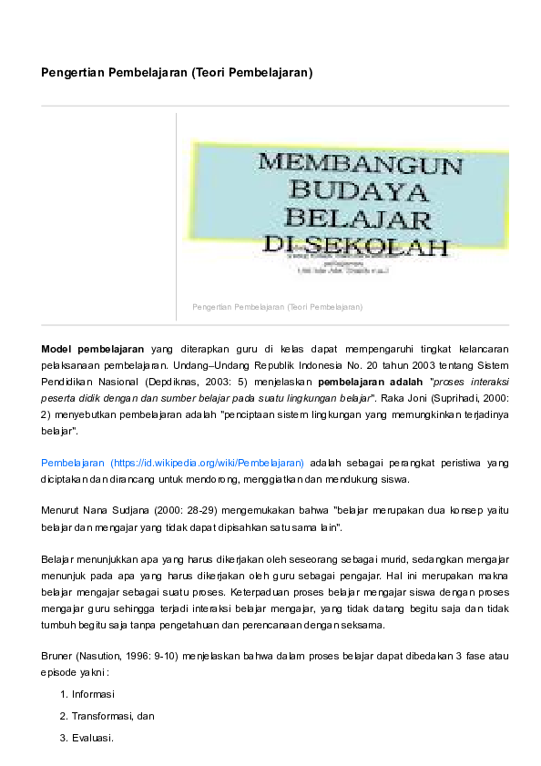 Pdf Pengertian Pembelajaran Teori Pembelajaran Administrasi Net Academia Edu
