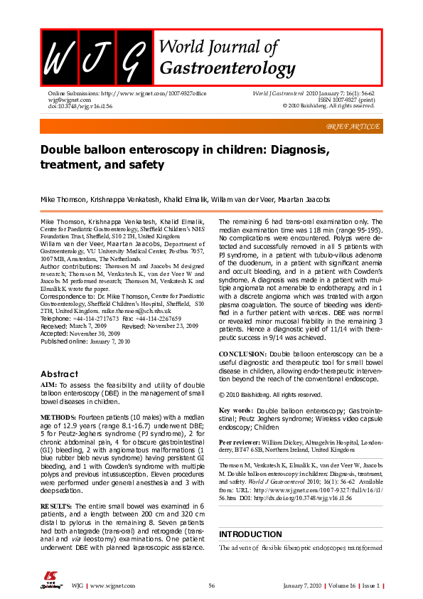 (PDF) Double balloon enteroscopy in children: diagnosis, treatment, and ...