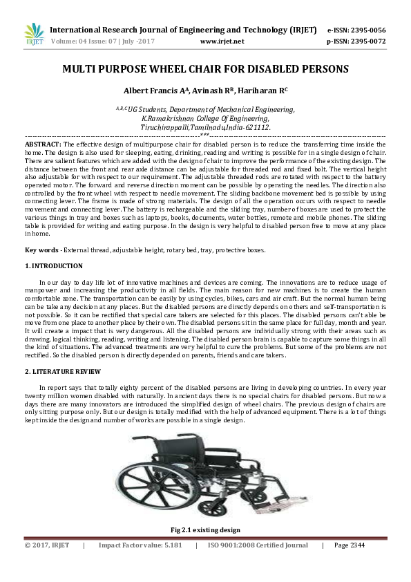 (PDF) MULTI PURPOSE WHEEL CHAIR FOR DISABLED PERSONS IRJET Journal