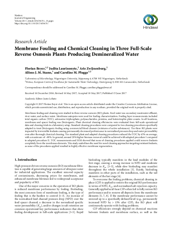 (PDF) Membrane Fouling and Chemical Cleaning in Three Full-Scale ...