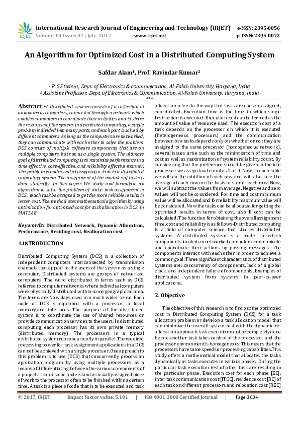 (PDF) An Algorithm for Optimized Cost in a Distributed Computing System