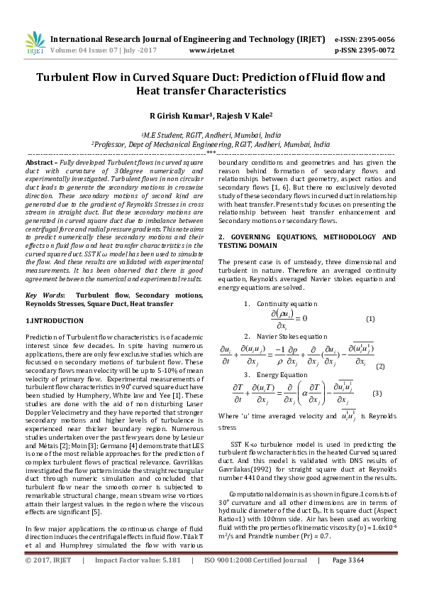 (PDF) Turbulent Flow in Curved Square Duct Prediction of Fluid flow and Heat transfer
