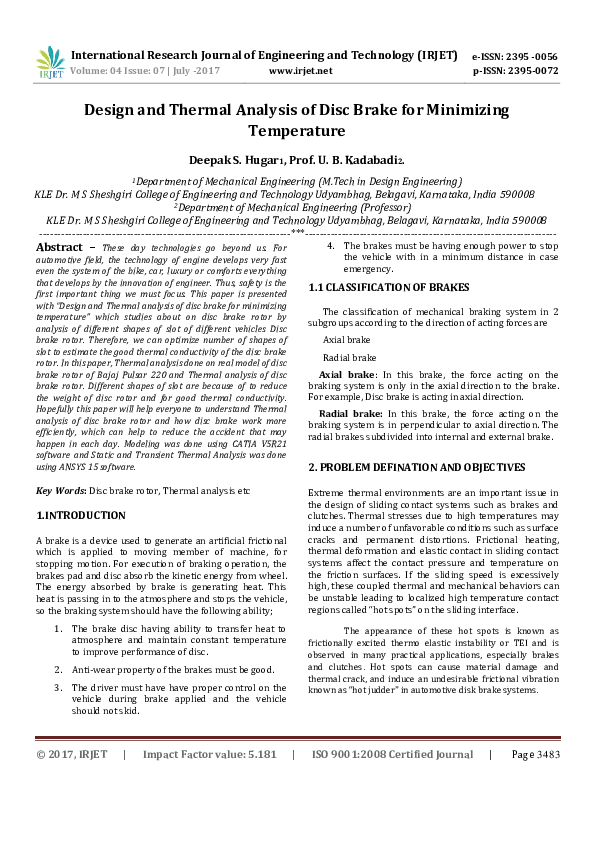 (PDF) Design and Thermal Analysis of Disc Brake for Minimizing Temperature