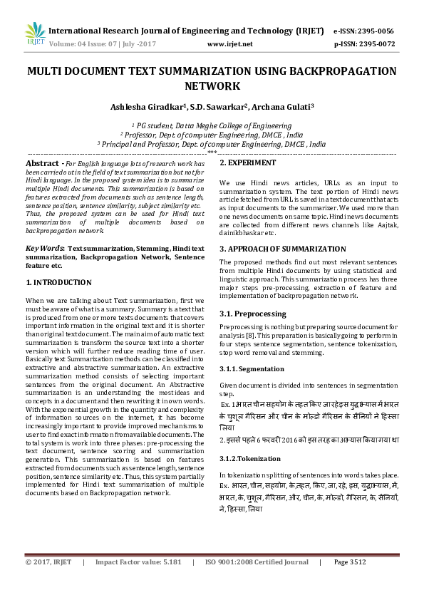 (PDF) MULTI DOCUMENT TEXT SUMMARIZATION USING BACKPROPAGATION NETWORK