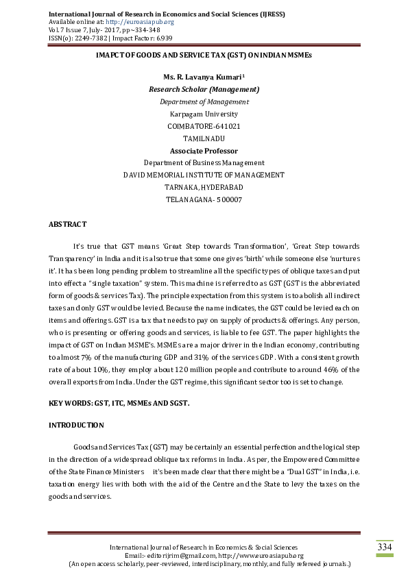 (PDF) IMAPCT OF GOODS AND SERVICE TAX (GST) ON INDIAN MSMEs