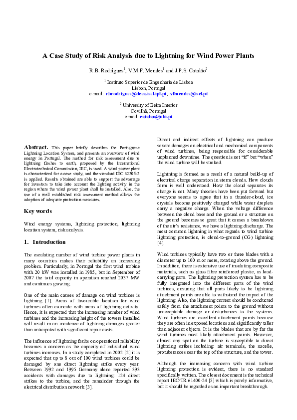 (PDF) A Case Study of Risk Analysis due to Lightning for Wind Power Plants