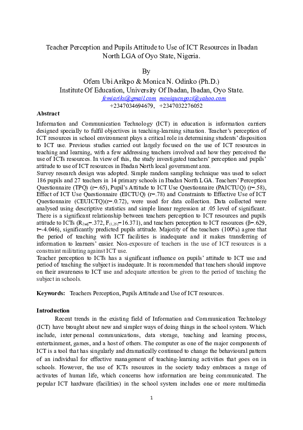 (DOC) Teacher Perception and Pupils Attitude to Use of ICT Resources in ...