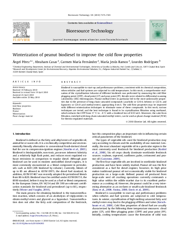 (PDF) Winterization of peanut biodiesel to improve the cold flow