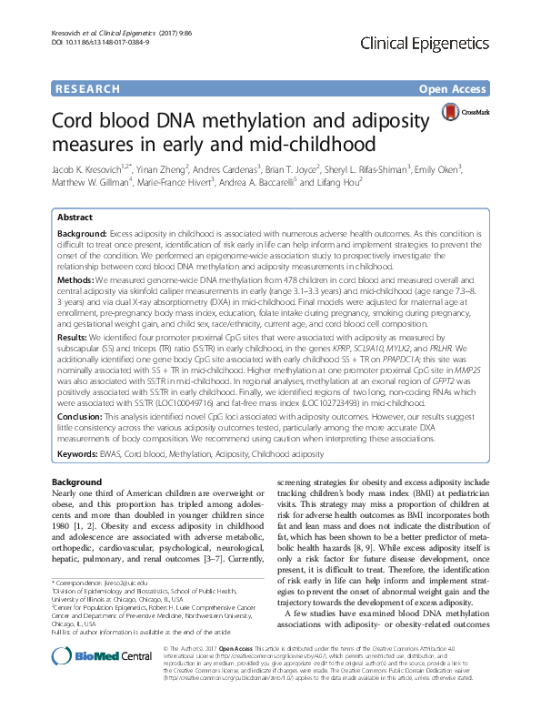 (PDF) Cord blood DNA methylation and adiposity measures in early and ...