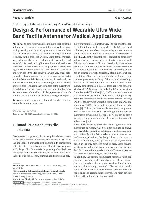 (PDF) Design & Performance of Wearable Ultra Wide Band Textile Antenna ...