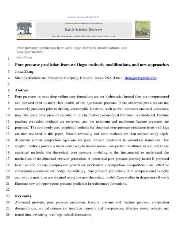 (PDF) Pore pressure prediction from well logs: methods, modifications ...