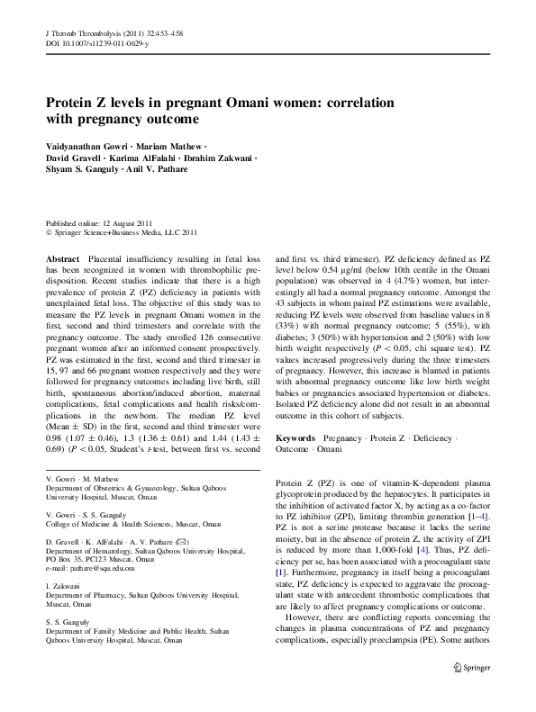 (PDF) Protein Z levels in pregnant Omani women correlation with pregnancy Mariam