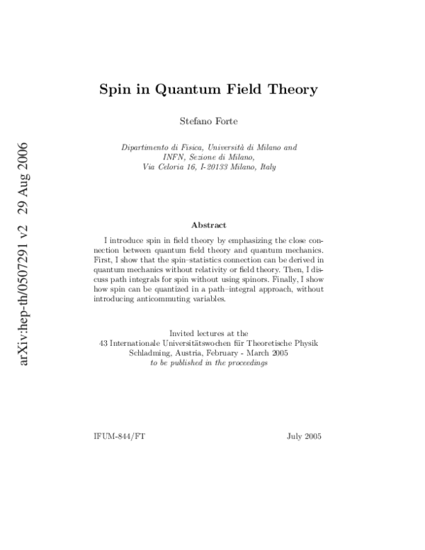 (PDF) Spin in Quantum Field Theory