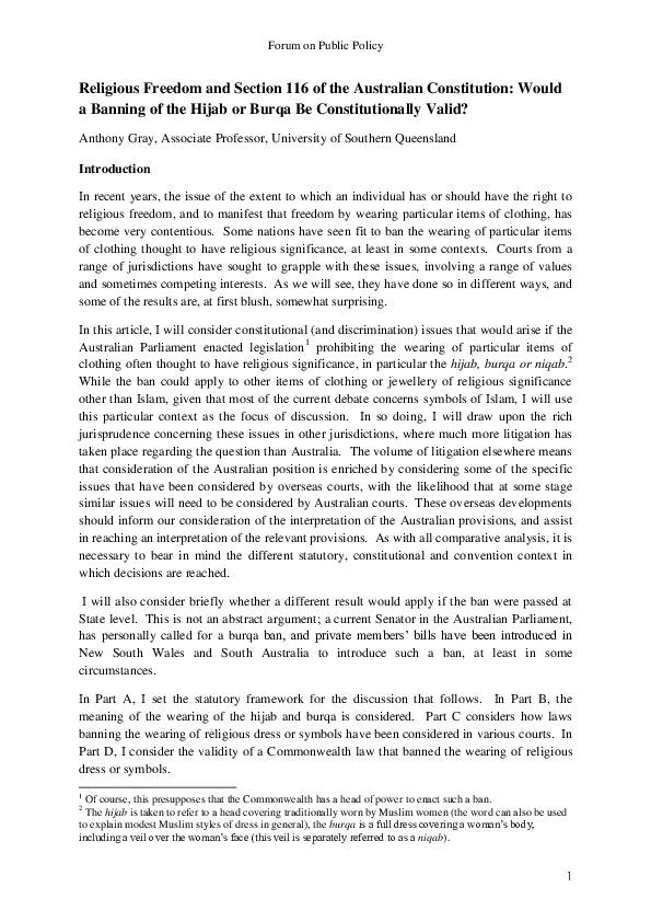 (PDF) Religious Freedom and Section 116 of the Australian Constitution ...