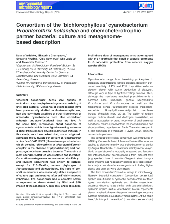 (PDF) Consortium of the ‘bichlorophyllous’ cyanobacterium ...