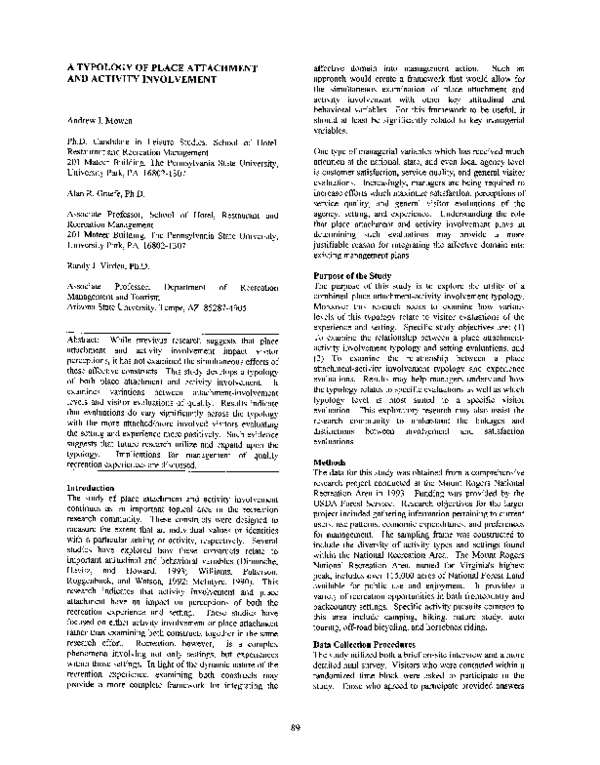(PDF) A Typology of Place Attachment and Activity Involvement