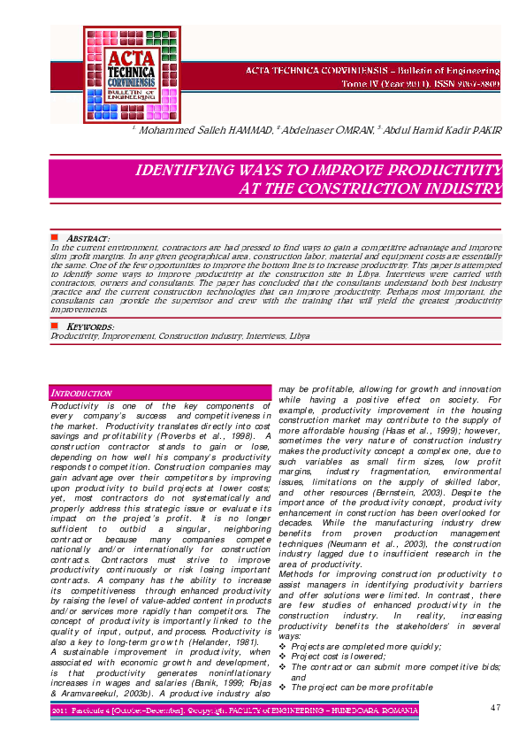 (PDF) IDENTIFYING WAYS TO IMPROVE PRODUCTIVITY AT THE CONSTRUCTION INDUSTRY