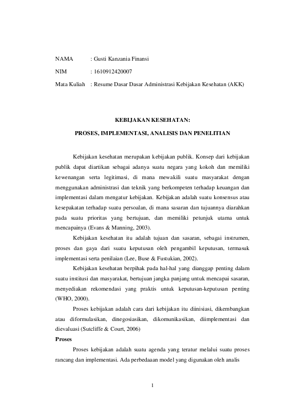 Doc Kebijakan Kesehatan Proses Implementasi Analisis Dan Penelitian
