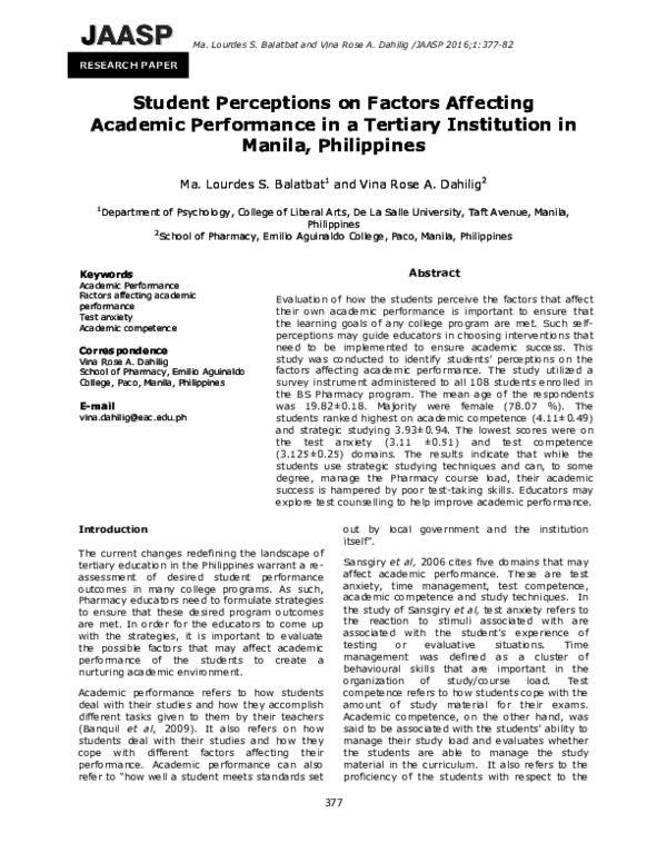 (PDF) Student Perceptions on Factors Affecting Academic Performance in ...