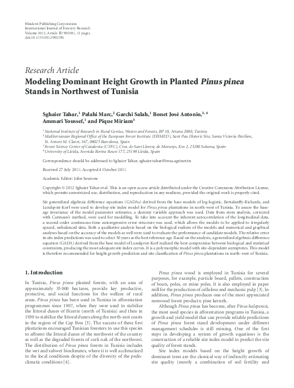 (PDF) Modeling Dominant Height Growth in Planted Pinus pinea Stands in
