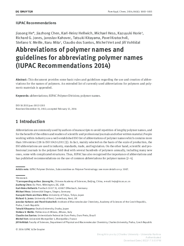 (PDF) IUPAC Abbreviations of polymer names and