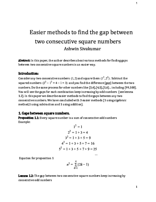 (PDF) Easier methods to find the gap between two consecutive square numbers