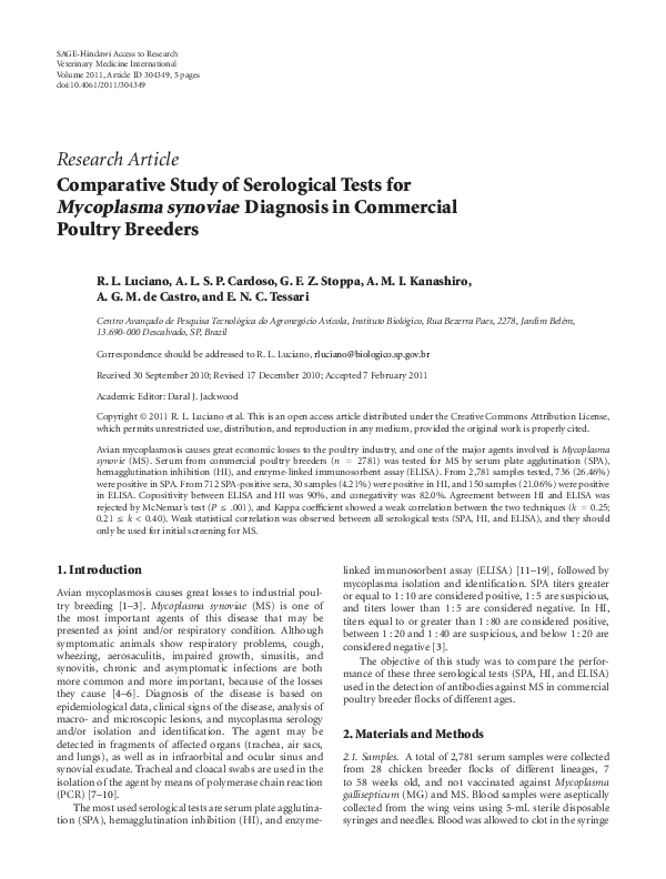 (PDF) Comparative Study of Serological Tests for Mycoplasma synoviae ...