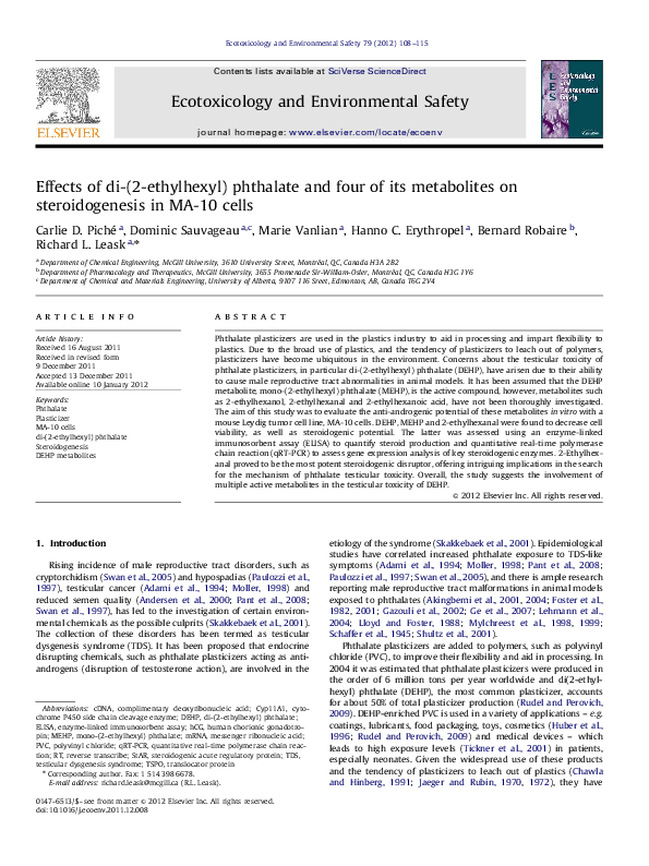 (PDF) Effects of di-(2-ethylhexyl) phthalate and four of its ...