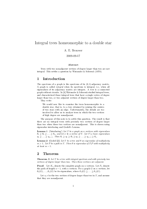 (PDF) Integral trees homeomorphic to a double star