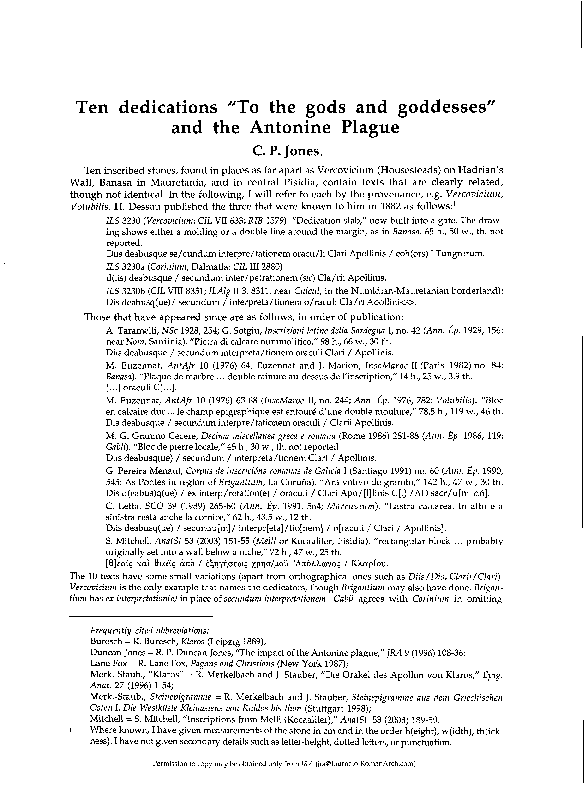 Ten Dedications To The Gods And Goddesses And The Antonine Plague Jra 18 2005 293 301 19 2006 368 69 Christopher P Jones Academia Edu