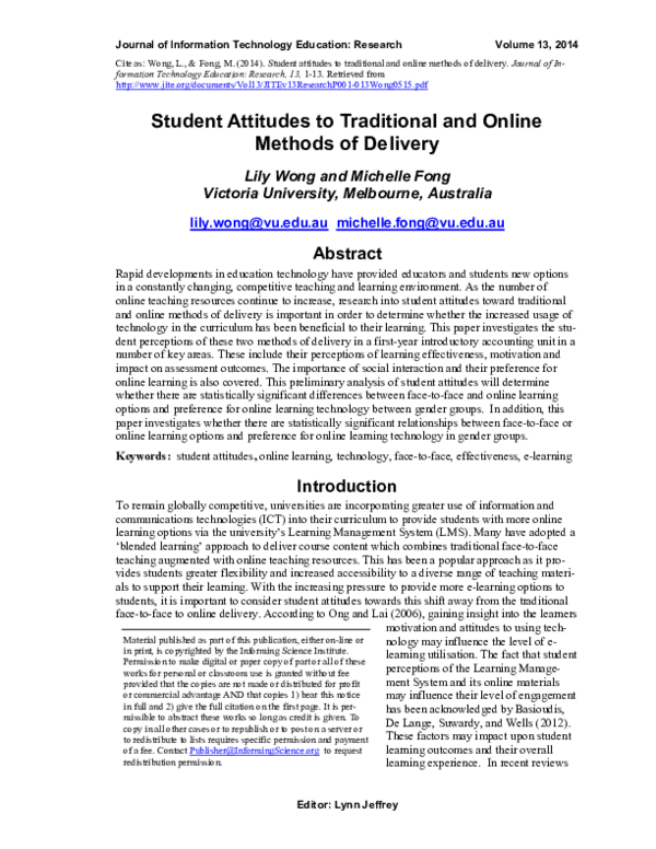 (PDF) Student Attitudes to Traditional and Online Methods of Delivery