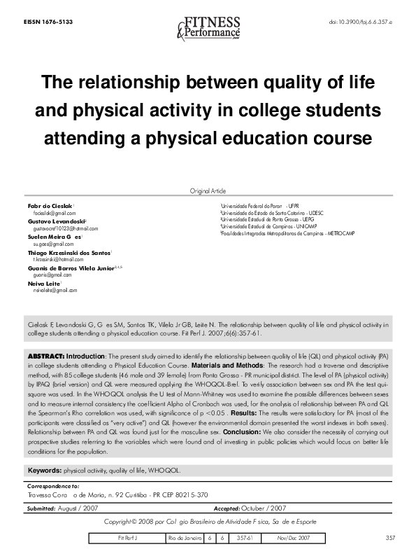 (PDF) The relationship between quality of life and physical activity in ...