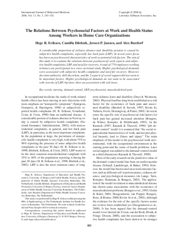 (PDF) The relations between psychosocial factors at work and health ...