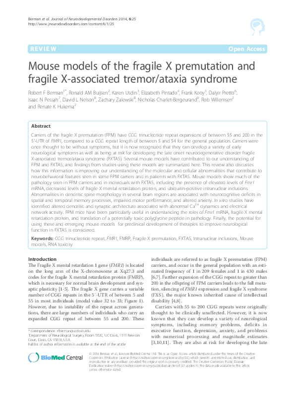 (PDF) Mouse models of the fragile X premutation and fragile X ...