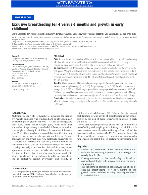 (PDF) Exclusive breastfeeding for 4 versus 6 months and growth in early ...