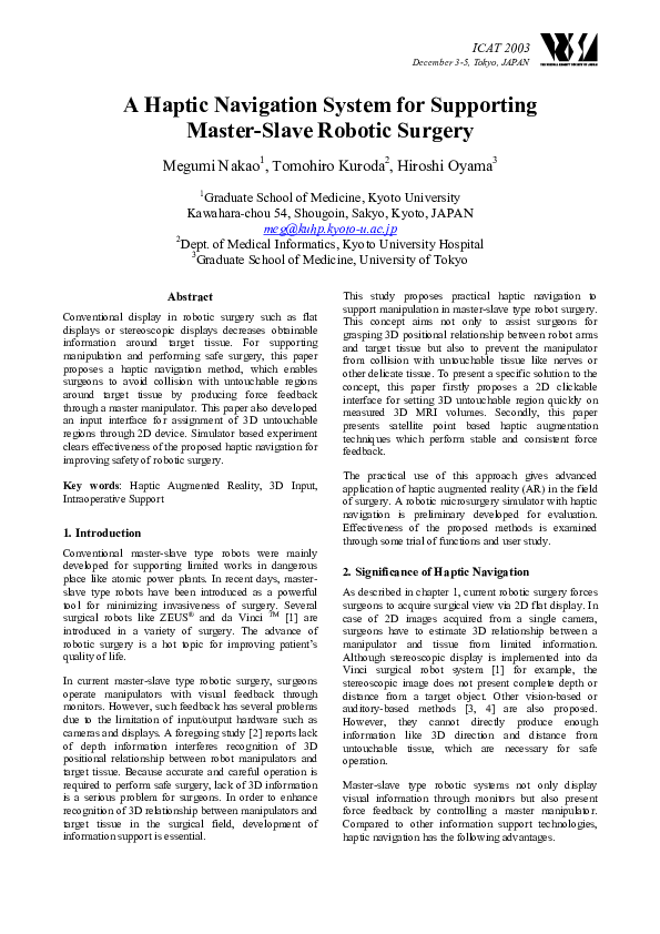 Pdf A Haptic Navigation System For Supporting Master Slave Robotic Surgery Tomohiro Kuroda Academia Edu
