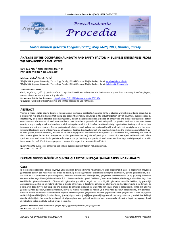 (PDF) ANALYSIS OF THE OCCUPATIONAL HEALTH AND SAFETY FACTOR IN BUSINESS ...