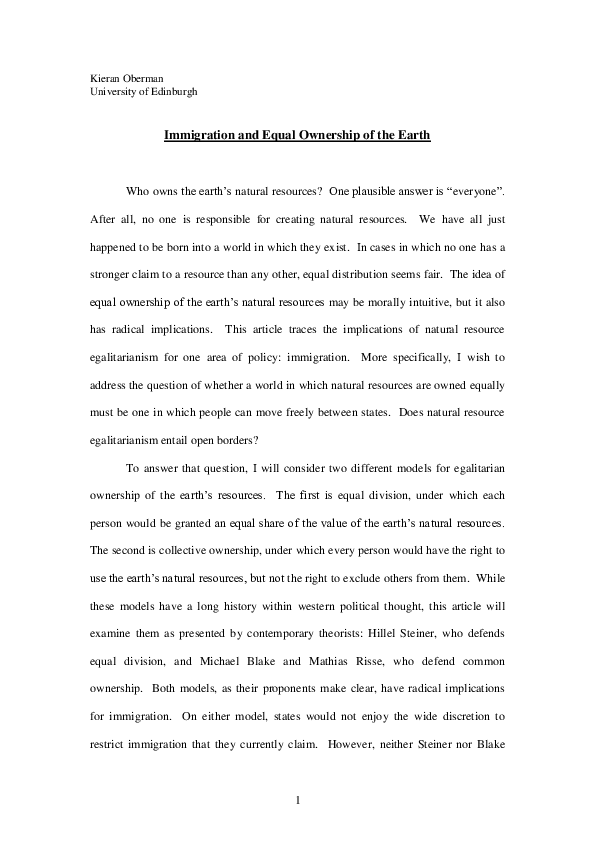 (DOC) Immigration and Equal Ownership of the Earth Kieran J Oberman